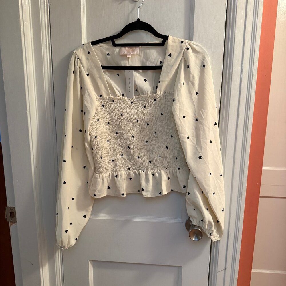 NWT Francesca’s Harleen Smocked Heart Blouse Large